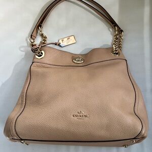Beautiful Quiet Luxury Blush Tan Coach Edie Shoulder Bag Turnlock Gold Hardware